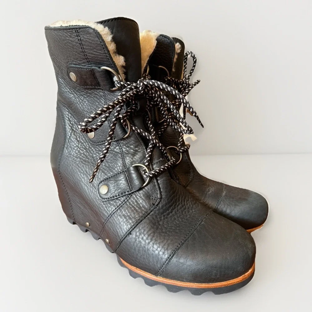 Sorel Women's Joan of Arctic Wedge Mid Shearling Boots Black Size 9.5 US